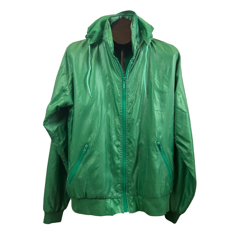 Vintage IZOD Windbreaker Green Nylon Jacket Hooded Full Zip Large -